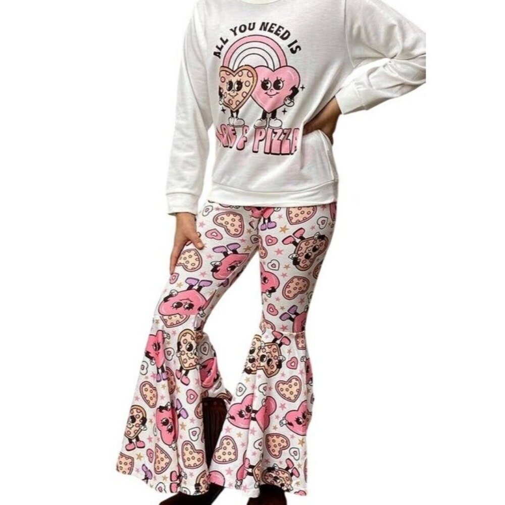 All You Need Is Love & Pizza Kids long sleeve & Bell Bottom Pants Set 12/18M